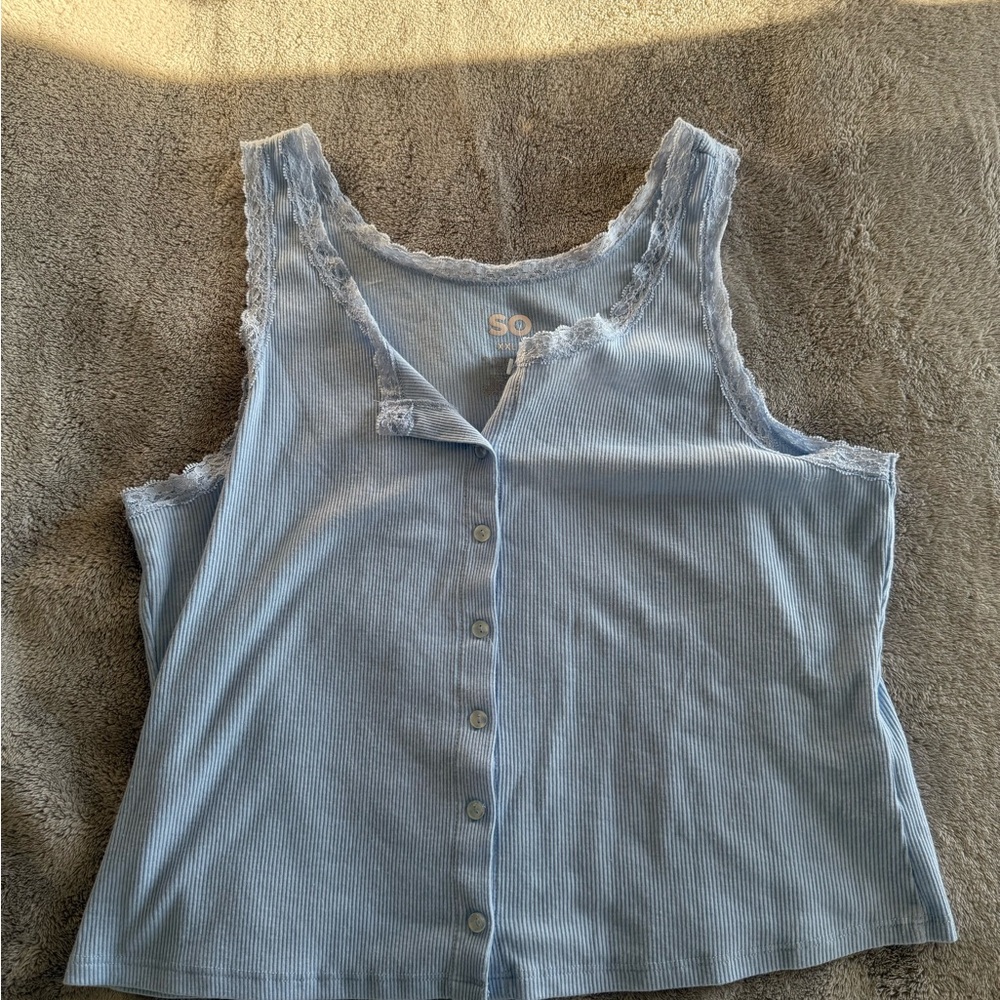 SO Blue Ruffled Buttoned Tank Top